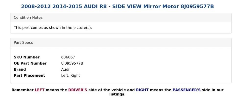 2008-2012 2014-2015 AUDI R8 - SIDE VIEW Mirror Motor 8J0959577B Foto 4 de 4