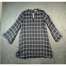Loft Women Black White Windowpane Plaid Mock Neck Bell Sleeve Shift Dress