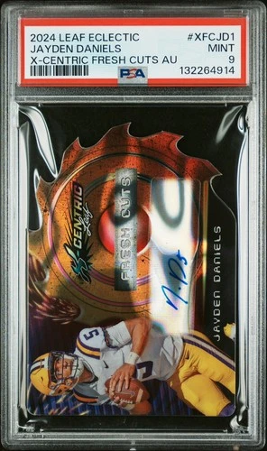 POP 1 🤯 2024 Leaf Eclectic JAYDEN DANIELS Auto /10 SP Die-Cut Rookie PSA 9