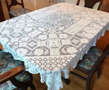 Vtg Handmade Hand Knotted Filet Embroidered Lace Tablecloth 70"x64" Off White