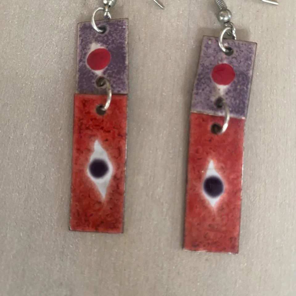 Brincos coloridos de cobre esmaltado pendurado gota abstrato boho artesão moderno - Imagem 4 de 4