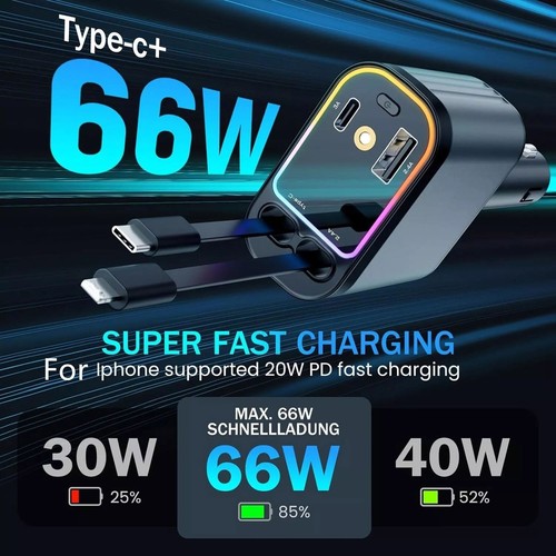 1PC Car Charger Retractable Charging Plug PD 66W 4-Port Fast Charging PD 66W - Zdjęcie 11 z 14