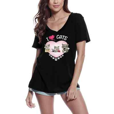 Damen Grafik T-Shirt V-Ausschnitt Ich liebe Katzen - niedlich   I Love Cats