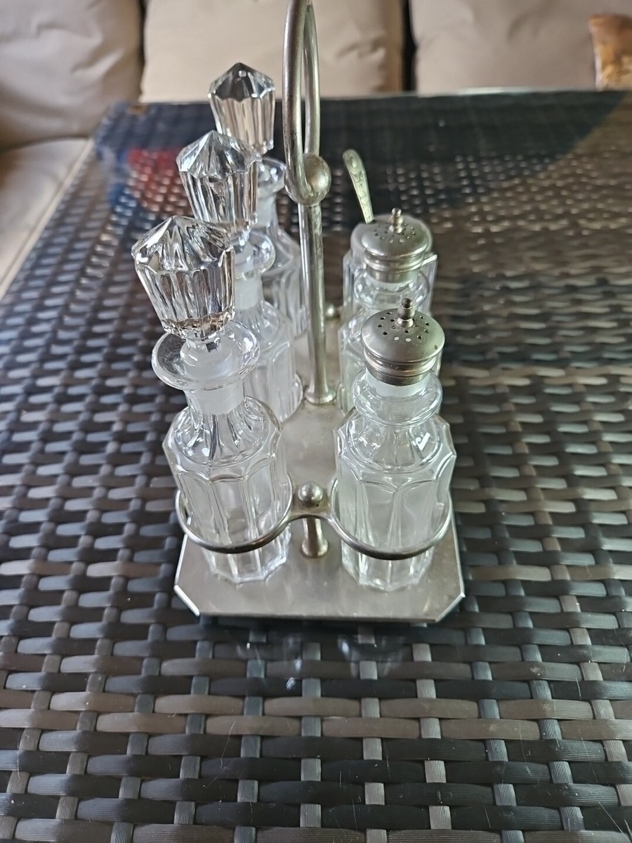 Vintage 6 Piece Silver Plate Cut Glass Condiment Set With Stand