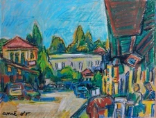 ARIE ECKSTEIN ( 1929-2015), Rosh Pina Village Landscape, Pastel on Paper, Signed