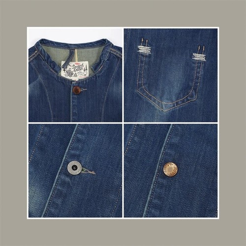 Japanese Amekaji Workwear Collarless Selvedge Denim Farm Ranch Chore Jacket - Picture 8 of 16