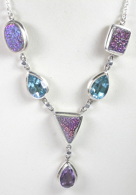 Statement Druzy Blautopas & Amethyst Halskette Sterlingsilber Brautmutter