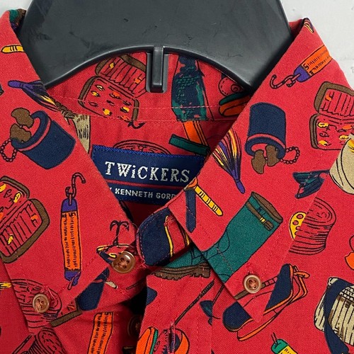 Twickers Men Shirt Short Sleeve Button Front Fishing Pattern Red Cotton Size L - Picture 3 of 6