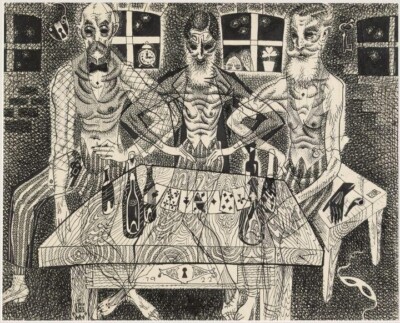 Three Old Men Card Players   Eduard Wiiralt 1920 Estonian Expressionist Graphic