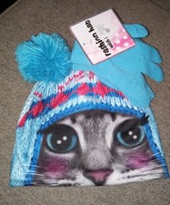 NWT Kid's Pom Pom Hat  Glove Set Cat Fleece Interior CUTE 