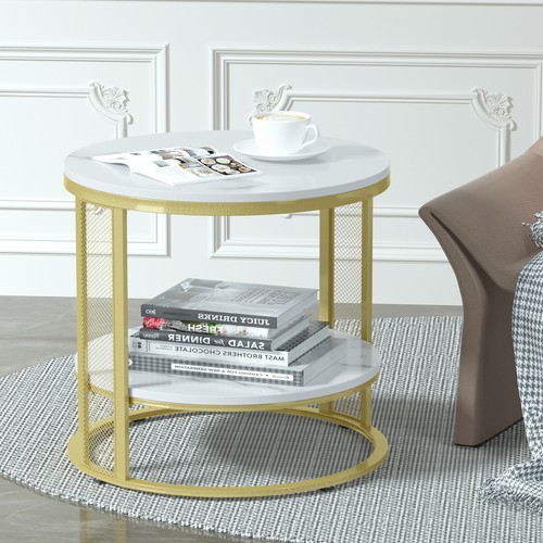 2 Tiers Solid Marble Top Round Coffee Table Lounge Living Room Modern Gold Legs - Picture 4 of 12