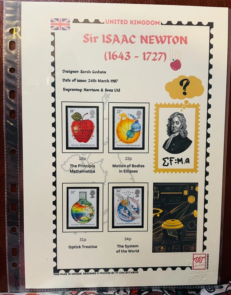 Self designed & printed art stamp page Sir ISAAC NEWTON 1987 GB09 + MNH Stamps - image 2 of 2