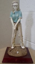 Female Golfer Figurine Blue Shirt Sun Visor Putting on Wood Base 10.5"