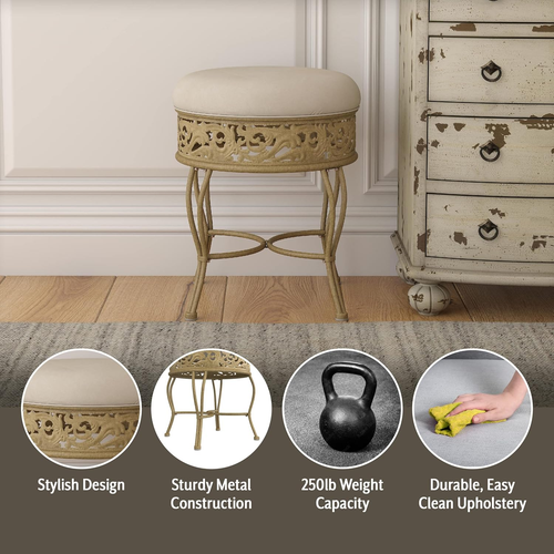 , Villa III Backless Metal Vanity Stool with Ornate Lattice Detailing, Antique B - Picture 4 of 12
