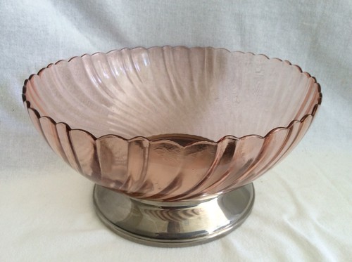 Vintage Arcoroc France Rosaline Pink Swirl Centerpiece Bowl Metal Base Ebay