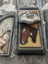 Western Cowboy/Charro Vinil and leather Cellular Phone case Rooster, Horse/Bull