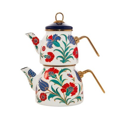 Serenk Enamel Turkish Double Teapot Set, 3.4 Qt (3.2L) Kettle, White & Gold