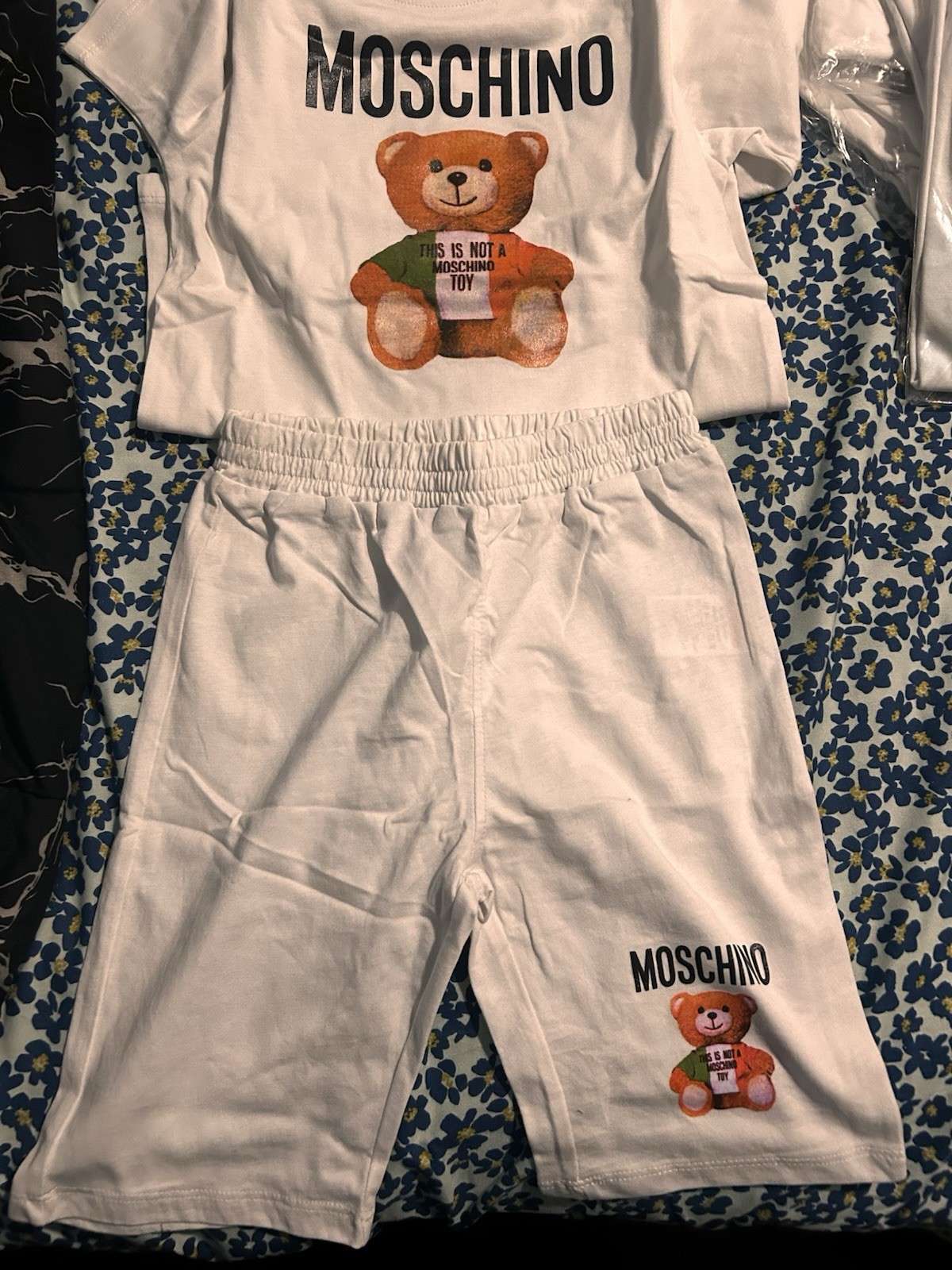 Moschino Inspired White Teddy Bear Kids Outfit – 2-Piece Set (Tee & Shorts)