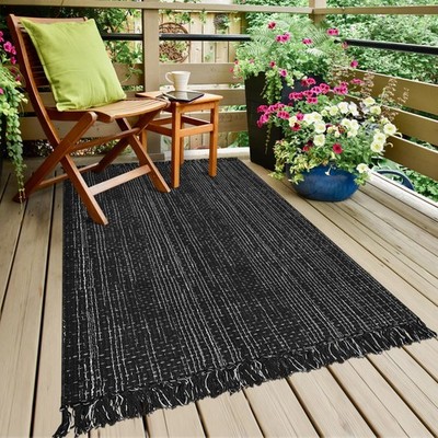 Washable Area Rug 3x5 Cotton Runner with Tassel, Black White Indoor Outdoor Rug