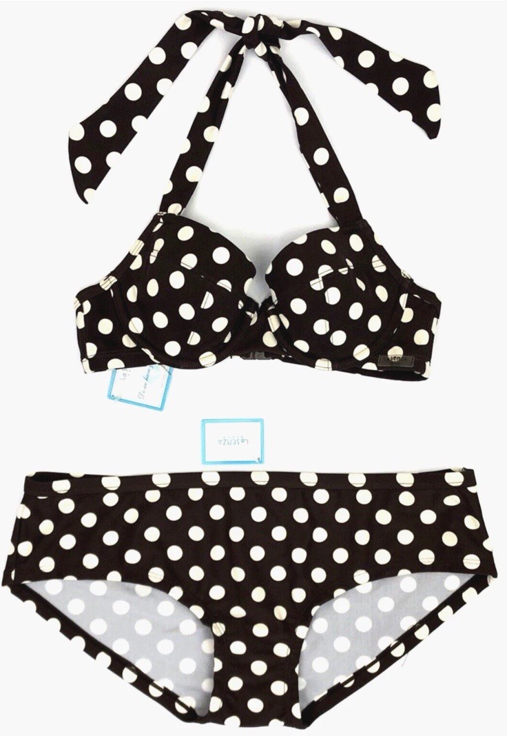 LA SENZA Classic Polka Dot Bikini Underwired Top 34B & Bottoms UK 14 BROWN BNWT