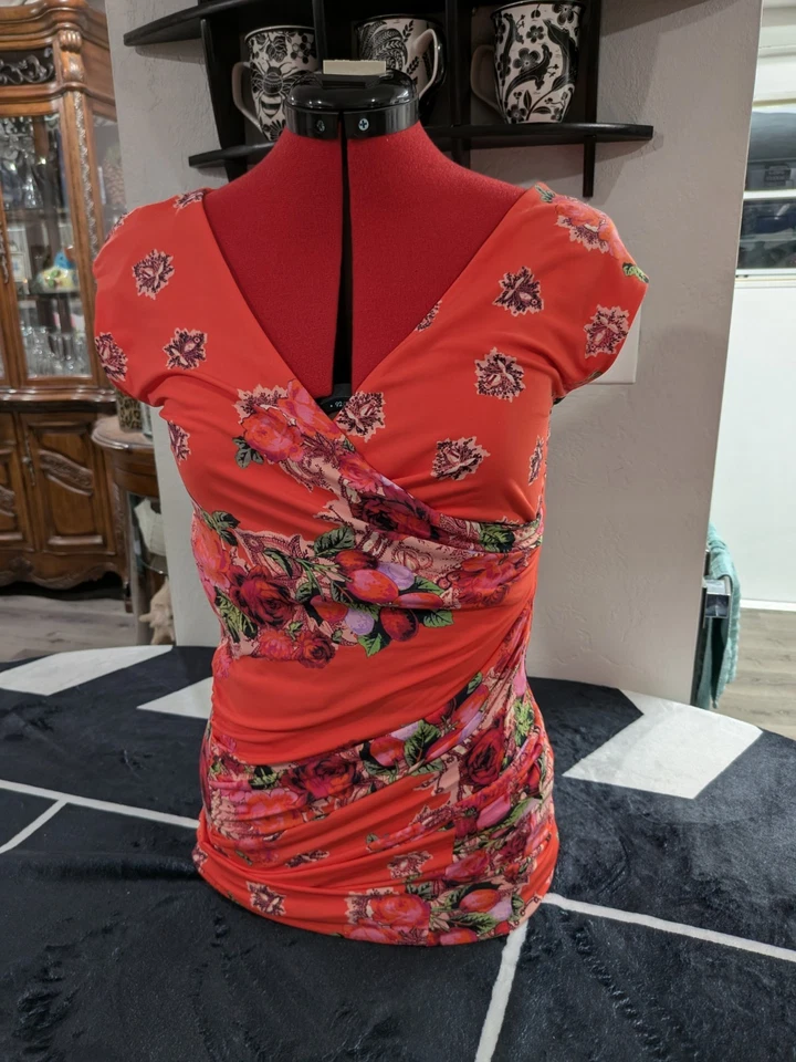 Jean Paul Gaultier Floral Print Ruched Tulle Tank Mid Midi Dress Stretch Mesh M - Image 4 of 4