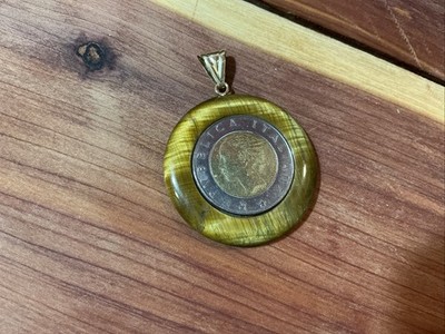 14kt Yellow Gold Milor w Encased Italy Lira Coin Pendent 70 ISTA Coin Tiger Eye