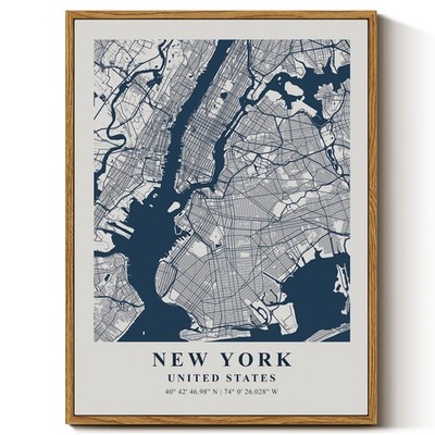 Map Framed Wall Art, 12x16in City Map Canvas Print, Minimalist Modern NYC Lin...