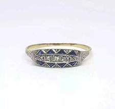 Art Deco Style Round Lab Created Diamond & Sapphire Engagement 14K Gold FN Ring