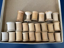 21 MED-LG 1 3/8"+ VINTAGE WOOD SPOOLS, NO THREAD, PARTIAL STICKERS, VAR SHAPES