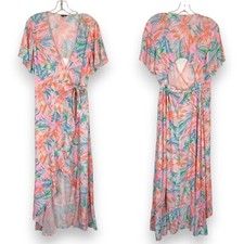 Farm Rio Hawaiian Maxi Wrap Dress Medium Pink Orange Blue High Low Open Back