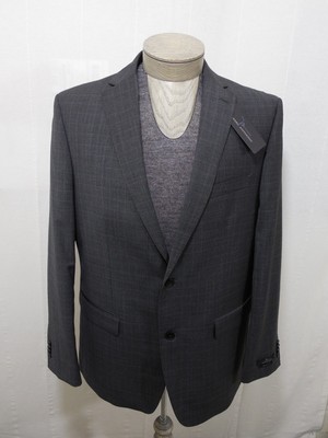 Marc Anthony Mens 100% Wool Coat Blazer Jacket Slim Glen Plaid Charcoal 44L $240