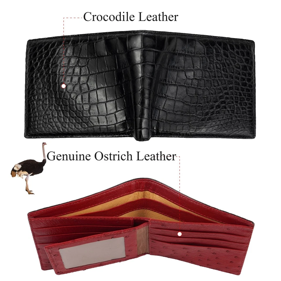 Cartera plegable de cuero negro/avestruz de cocodrilo/rojo para hombre Foto 2 de 4