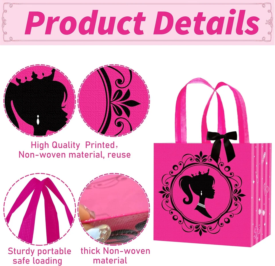 12Pcs Hot Pink Girl Party Gift Treat Bags with Handles Pink Girl Grocery Shoppin - Imagem 3 de 4