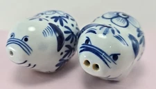 Vintage Porcelain Pig Salt Pepper Shakers Handpainted Blue Flowers 2"×1.5"