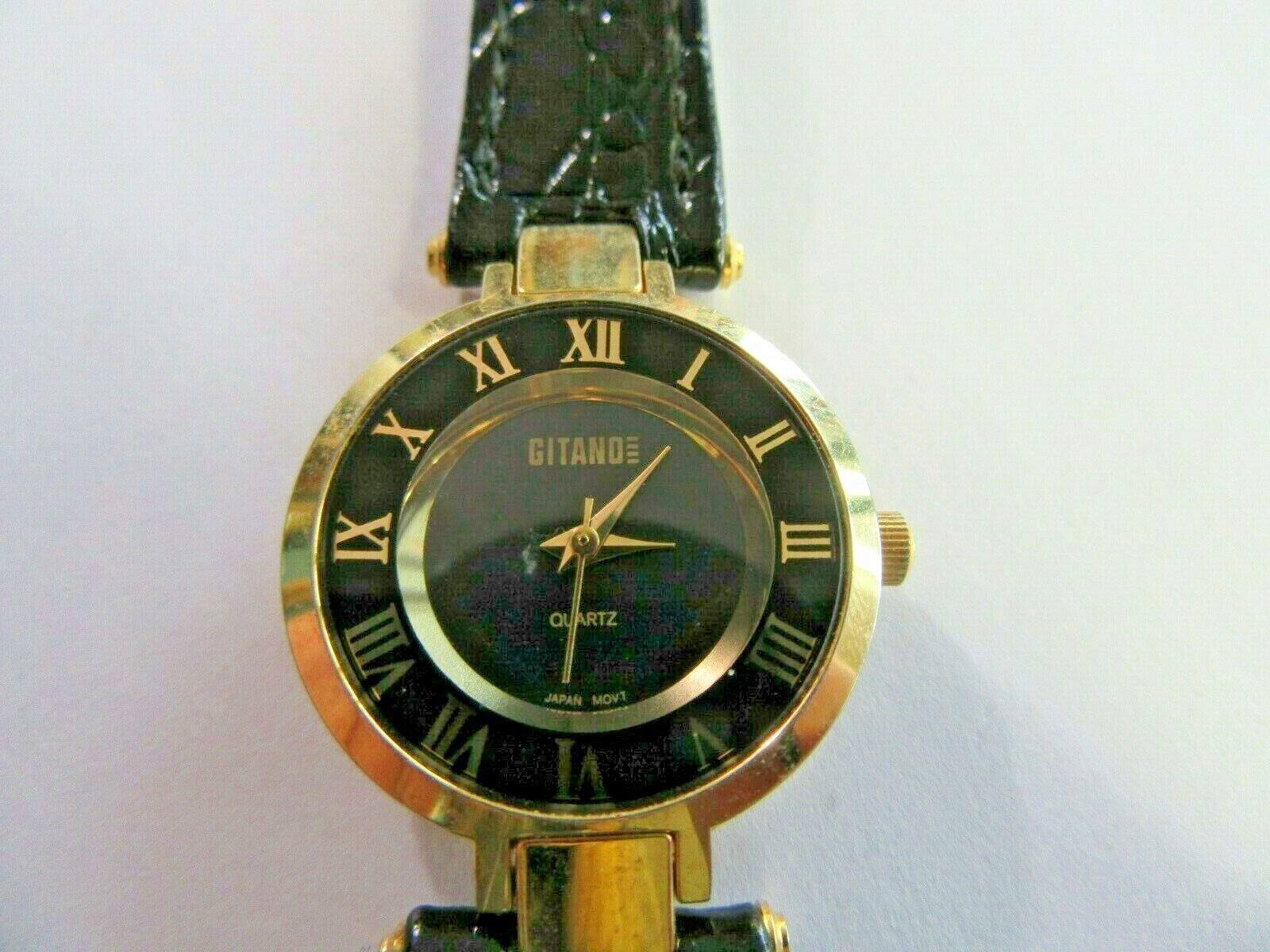 Vintage GITANO Black & Gold Tone Watch Leather Band