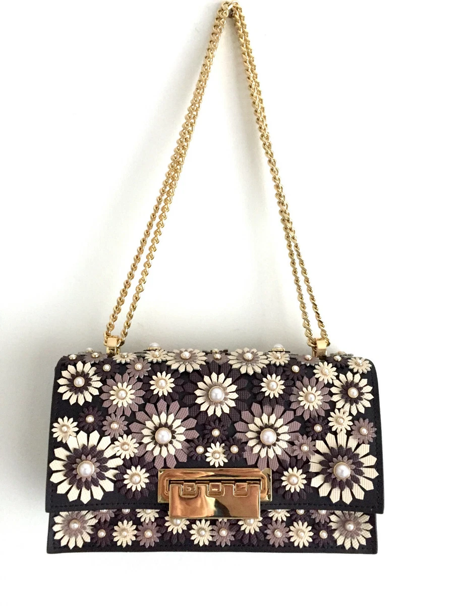 New ZAC POSEN Black/Multicolor Faux Leather Gold Chain Strap Flower Bag