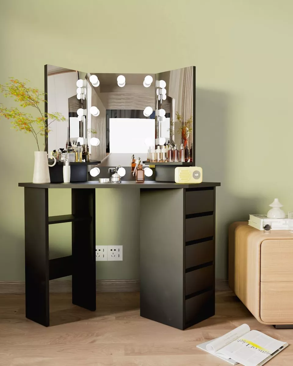 Makeup Corner Vanity Desk with Drawers Mirror and Light for Small Space  Dresser