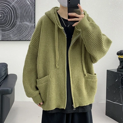Men Chunky Knit Coat Sweater Hooded Top Cardigan Hoodie Outerwear Casual Student - Picture 2 of 18