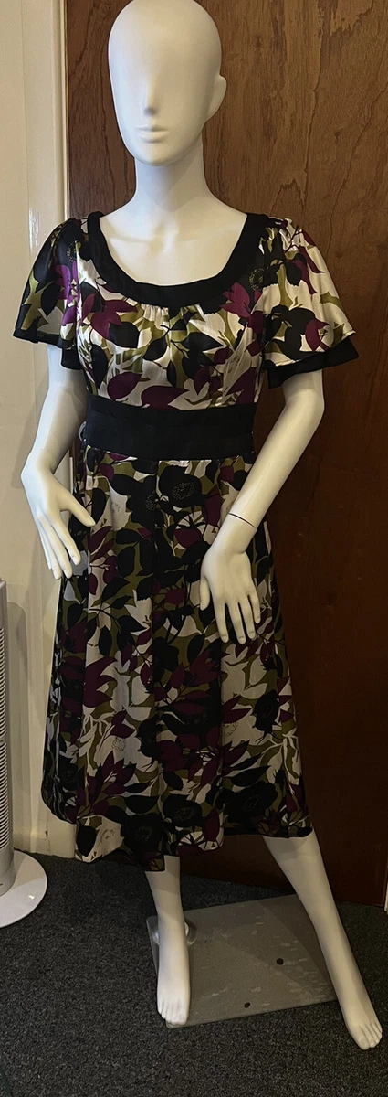 Monsoon 100 Silk Midi Dress Purple Green Cream Floral Print Size 10