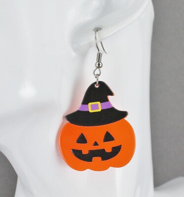 Halloween earrings pumpkin witch hat 2.25'' long dangle jewelry jack o lantern