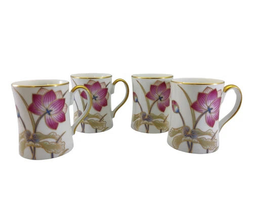 4 xFitz & Floyd CLOISONNE LOTUS Fine Porcelain Coffee Tea Mug Cups Japan