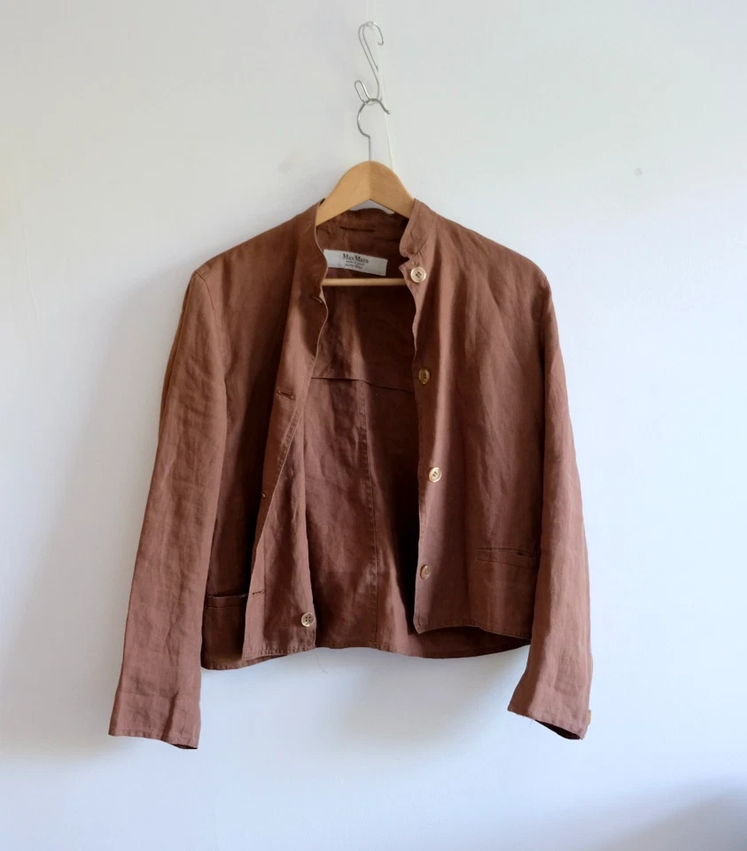 Vintage Max Mara Jacket Women's UK14 Brown 100% Linen Boxy Collarless Pockets - Image 2 of 4