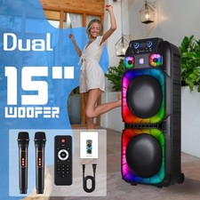 Dual 15" Bluetooth Party Speaker 15,000W w/LED Lights  2 Wireless Microphones