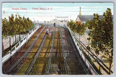 1907 STEEPLE CHASE GREAT OCEAN PIER CONEY ISLAND NY ANTIQUE POSTCARD