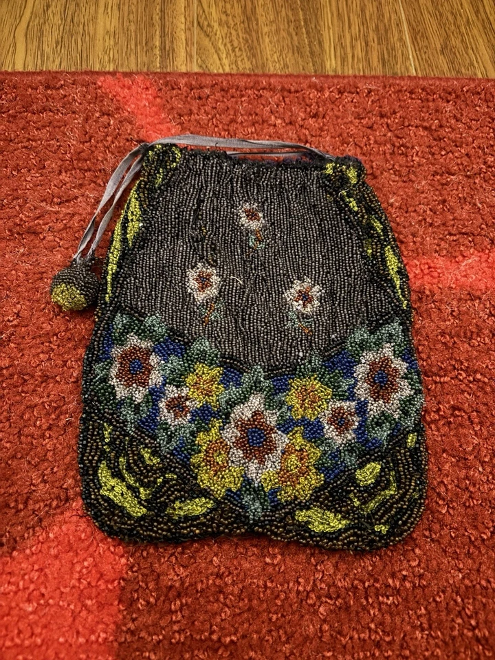 Vintage Antique Art Deco Seedbead Handbag Purse Drawstring Closure Art To Wear  - Image 2 of 2
