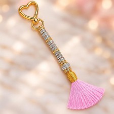 Pink Tassel Rhinestone Keychain Gold Heart Clasp Backpack Purse Bag Charm Gift