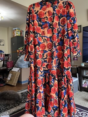 Never Fully Dressed Women s Size 8 Midi Dress Orange Floral Zip Up High Neck