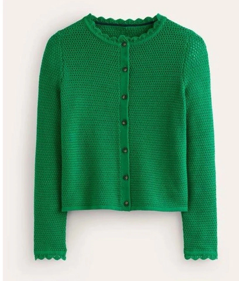 Suéter Cárdigan BODEN Pequeño Verde Crochet Tejido Borde Festoneado Abotonado NUEVO Foto 2 de 4