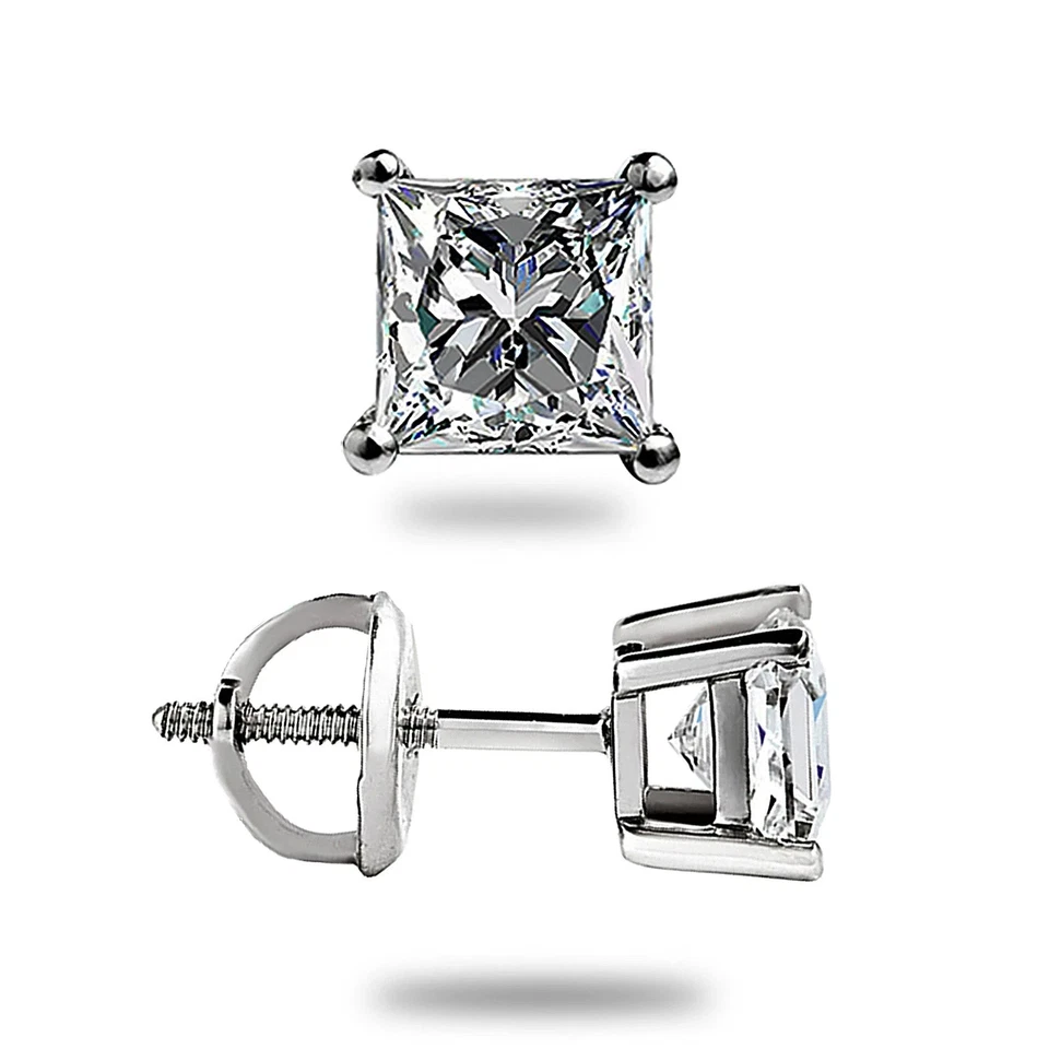 2Ct Princess Cut VVS1/ D Lab Created Stud Earrings 14K White Gold 7mm Screw Back - Image 3 of 4