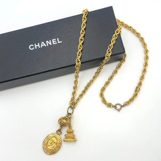 Auth Chanel Vintage Coco Mark Long Necklace Engraved W/Box BA020141